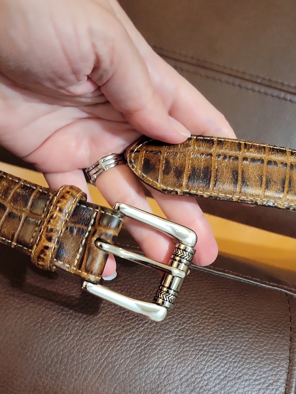 Martin Dingman | Imported Crocodile Grain Saddle Leather Brown Belt Men's 36